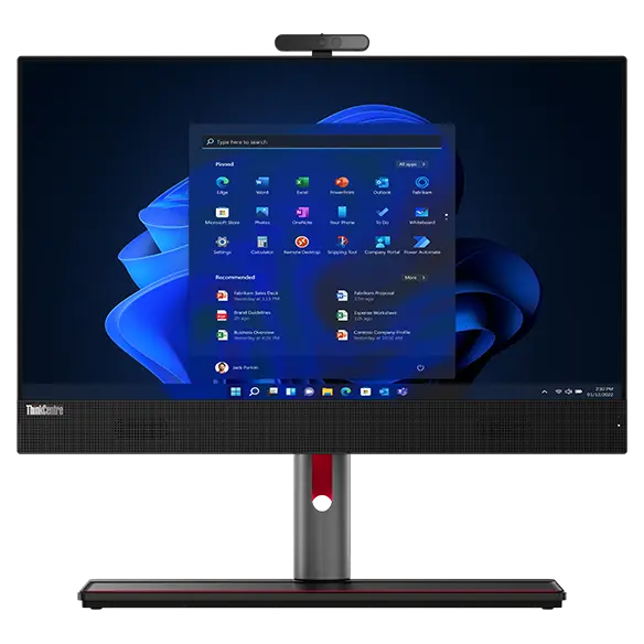 Front facing ThinkCentre M90a Gen 3 AIO on Full Function Monitor Stand, showing monitor