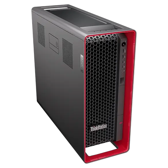 Aerial view of left-side facing Lenovo ThinkStation P7 workstation, showing iconic ThinkPad red casing, front ports, & top panel