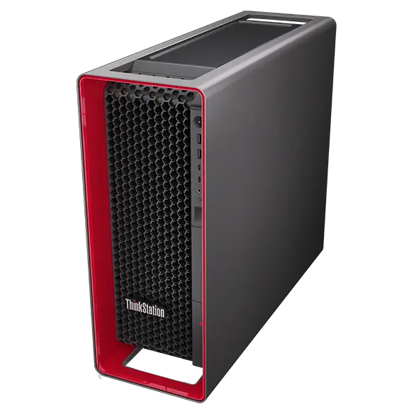 Aerial view of right-side facing Lenovo ThinkStation P7 workstation, showing iconic ThinkPad red casing, front ports, & top panel