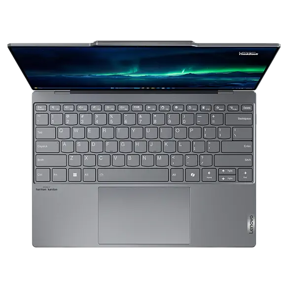 Lenovo ThinkBook 13x Gen 4 (13 inch Intel) laptop – view from above, lid open wide, with an image of the Aurora Borealis over icebergs on the display