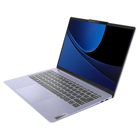 Lenovo IdeaPad Slim 5i Gen 9 (14&quot; Intel) laptop – Violet – right-front view, lid open, wavy blue lines on the display