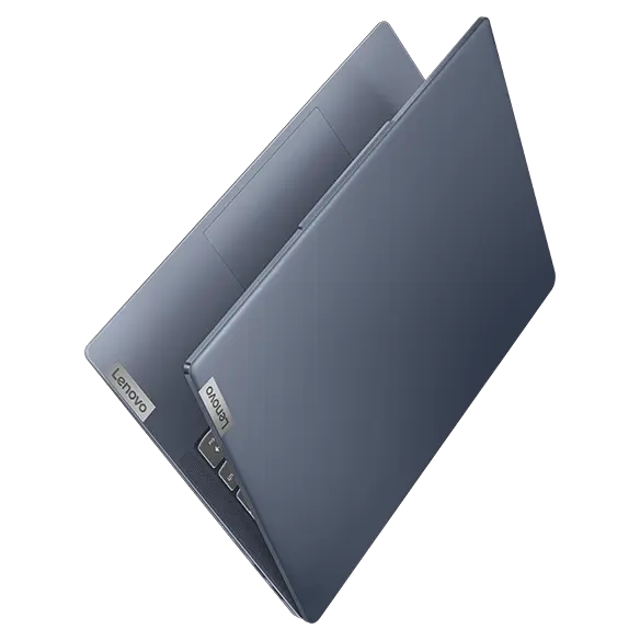 Lenovo IdeaPad Slim 5i Gen 9 (14&quot; Intel) laptop – Abyss Blue – right-front view, lid partially open, laptop perched on right-rear corner