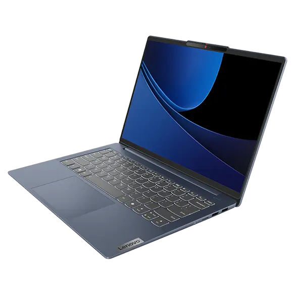 Lenovo IdeaPad Slim 5i Gen 9 (14&quot; Intel) laptop – Abyss Blue – right-rear view, lid open, wavy blue lines on the display