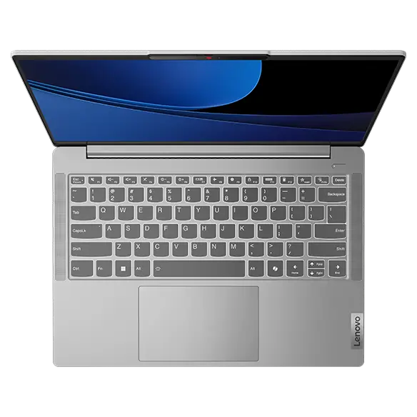 Lenovo IdeaPad Slim 5i Gen 9 (14&quot; Intel) laptop – Cloud Grey – top view, lid open, wavy blue lines on the display