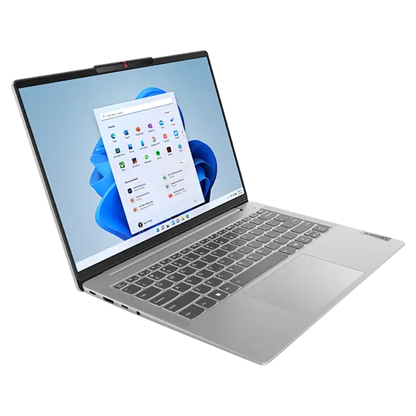 Lenovo IdeaPad Slim 5i Gen 9 (14&quot; Intel) laptop – Cloud Grey – left-front view, lid open, wavy blue lines on the display