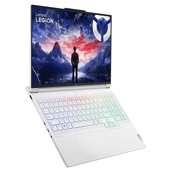 Lenovo Legion 7i Gen 9 (16″ Intel) in Glacier White, fully opened, front facing right with screen on