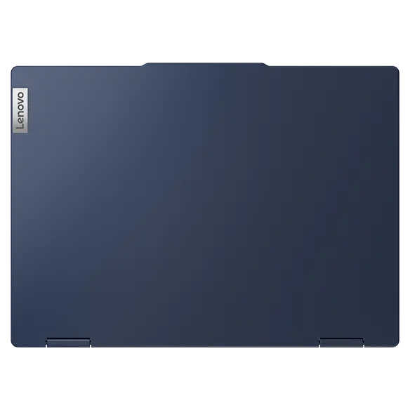 Overhead short of the top cover of the Lenovo IdeaPad 5 2-in-1 Gen 9 (14'' AMD) laptop in Cosmic Blue, focusing the Lenovo logo on top left.