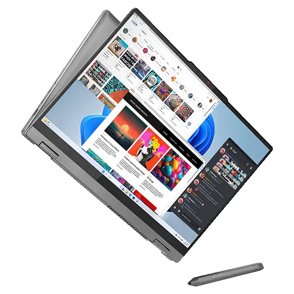 Lenovo IdeaPad 5 2-in-1 Gen 9 (16” Intel) floating in tent mode with open apps on display and optional digital pen