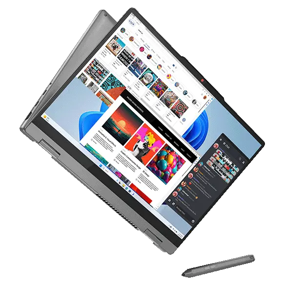 Front view of the Lenovo IdeaPad 5 2-in-1 Gen 9 (14 inch AMD) Luna Grey laptop in tablet mode, slightly tilted from the left, focusing different apps on the screen & a Lenovo Digital Pen placed on right side.