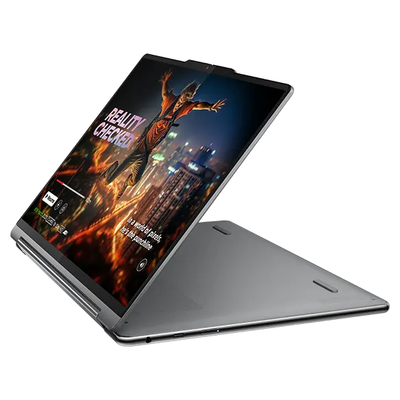 Yoga 9i 2-in-1 Gen 9 (14” Intel) in Cosmic Blue in Display Mode facing left with screen on