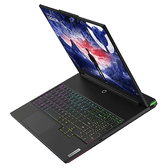 Legion 9i Gen 8 (16″ Intel) floating, front facing left, open with RGB lighting on keyboard