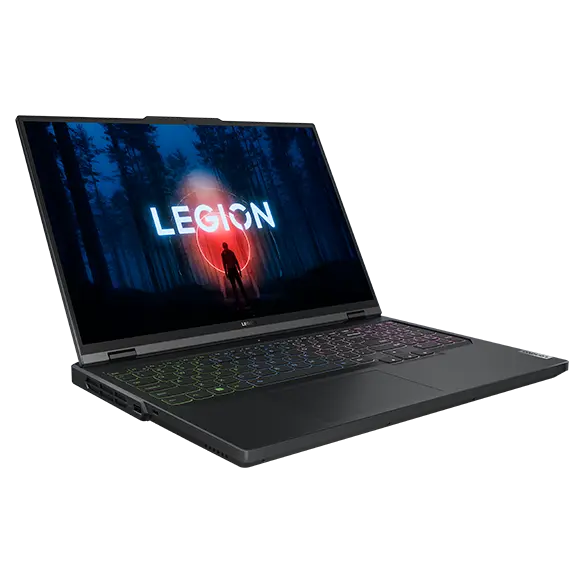 Legion 5 Pro Gen 8 (16″ AMD) front facing right laying flat with screen on