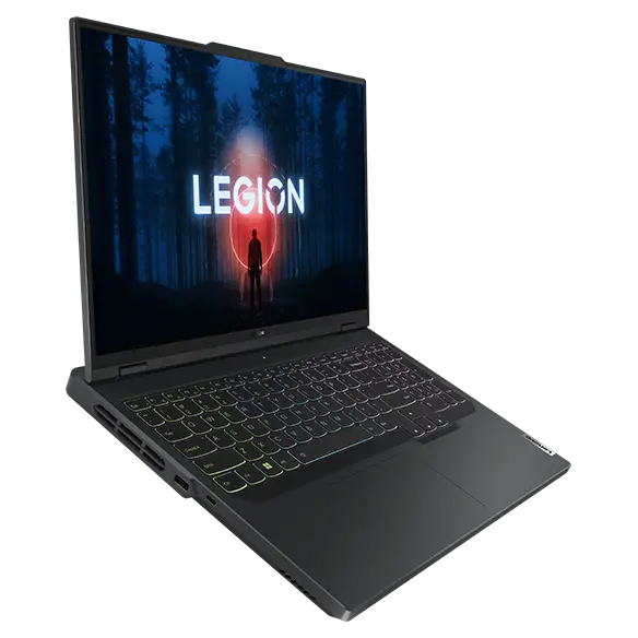 Legion 5 Pro Gen 8 (16″ AMD) fully opened with screen on, angled to the right