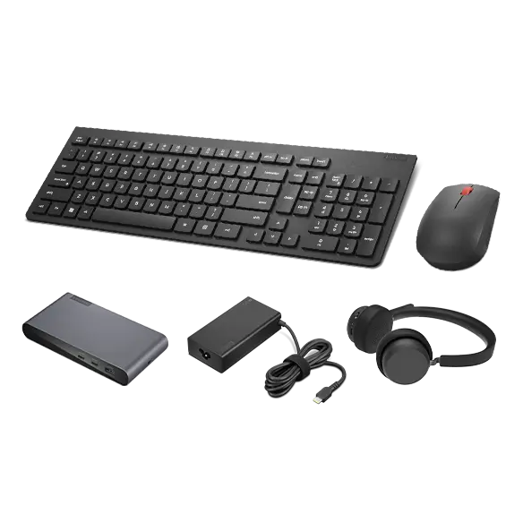 Lenovo USB-C Universal Business Dock, Lenovo Wireless VoIP Headset, Lenovo Essential Wireless Combo Keyboard & Mouse and Power Supply