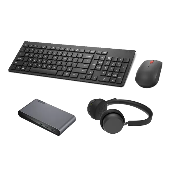 

Lenovo USB-C Universal Business Dock, Lenovo Wireless VoIP Headset & Lenovo Essential Wireless Combo Keyboard & Mouse