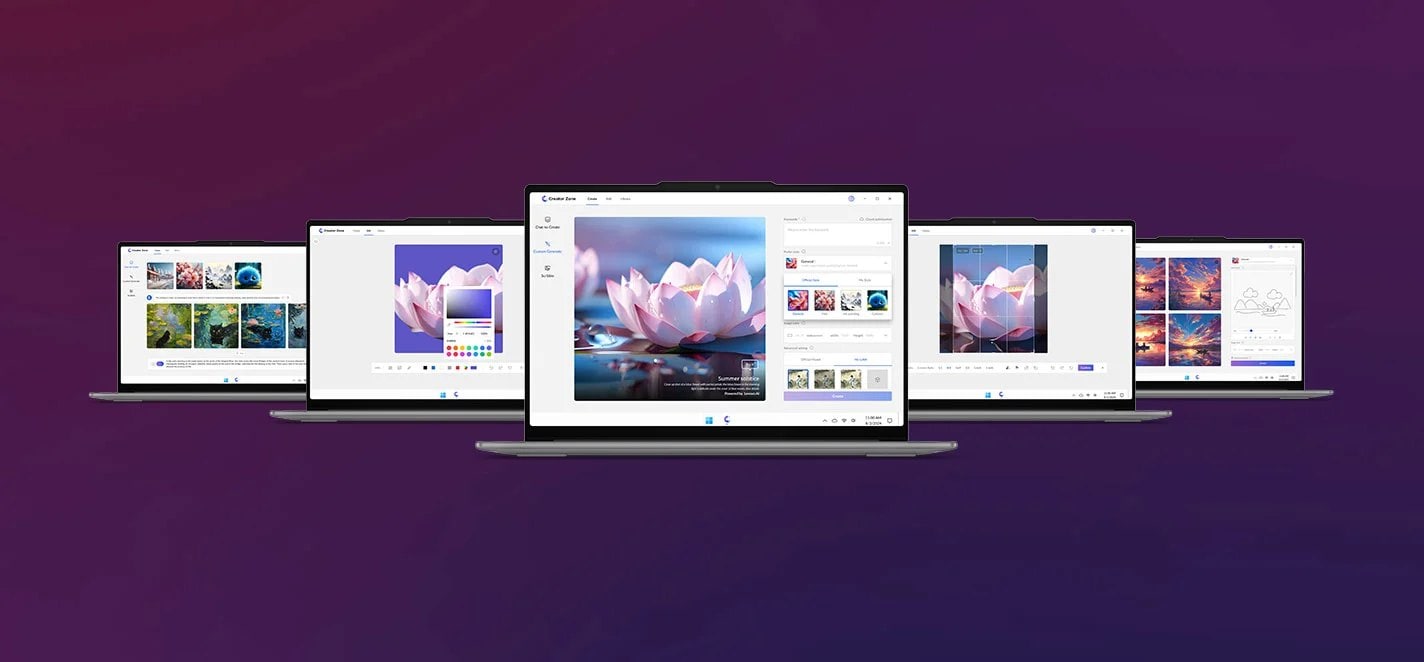 Five open laptops showing a lotus being edited in different ways with Lenovo Creator Zone 