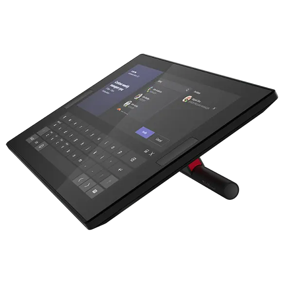 Right-side angle of Lenovo ThinkSmart Controller for Microsoft Teams Rooms showing keyboard on display.