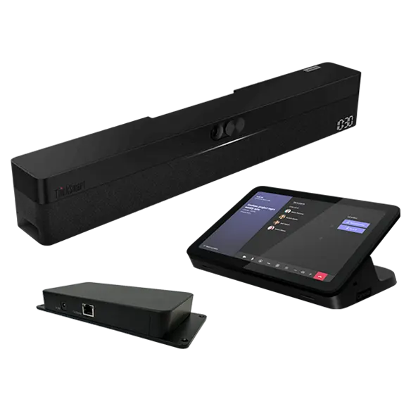 ThinkSmart One for Microsoft Teams Rooms, Windows-based conference room bar, next to Lenovo IP Controller, a 10-point multitouch HD display