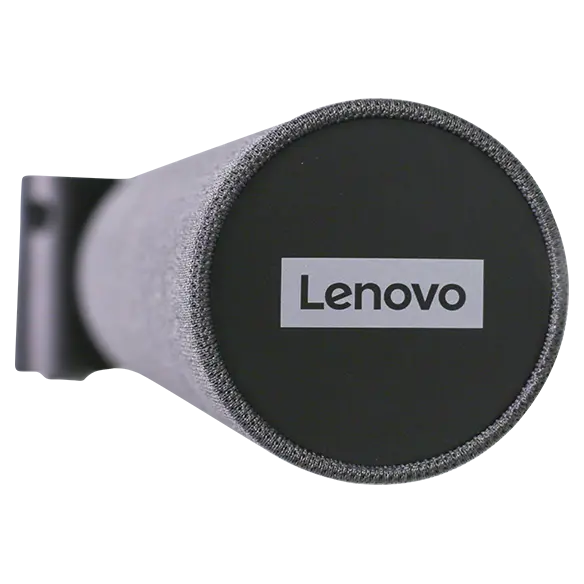 Rear-right side cylindrical view of Lenovo ThinkSmart Bar 180, displaying a big bold brand logo of Lenovo at the center with a blur focus on camera system.