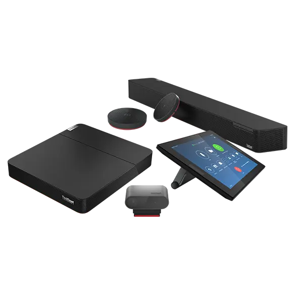 Lenovo ThinkSmart Core Full Room Kit for Zoom, clockwise: Core computing device, two optional mic pods, Bar, Controller display, and Cam.