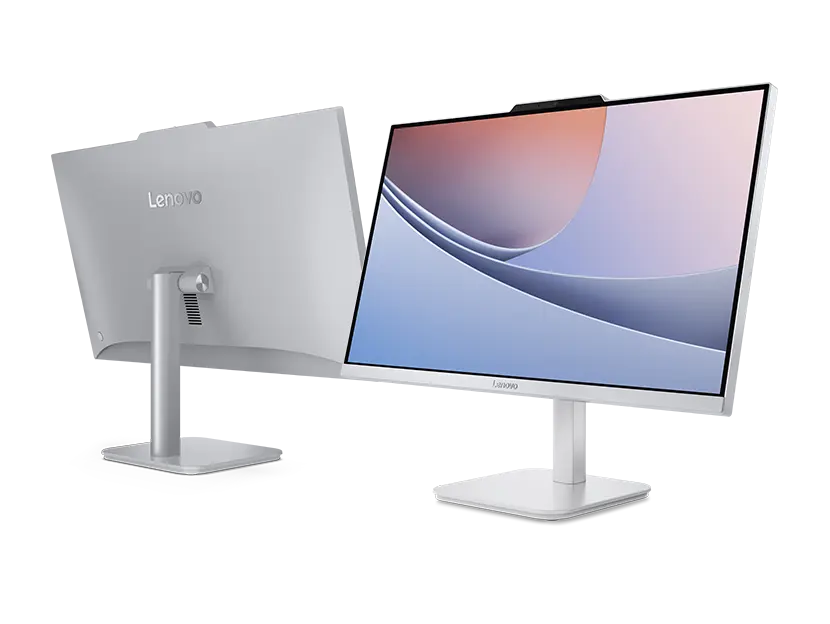 Front and back angle views of a Lenovo A Series all-in-one desktop PC.