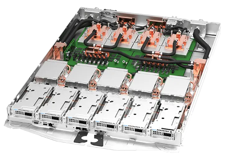 Image of ThinkSystem SC777 V4 Neptune from the top, angled to the left displaying its internal components.