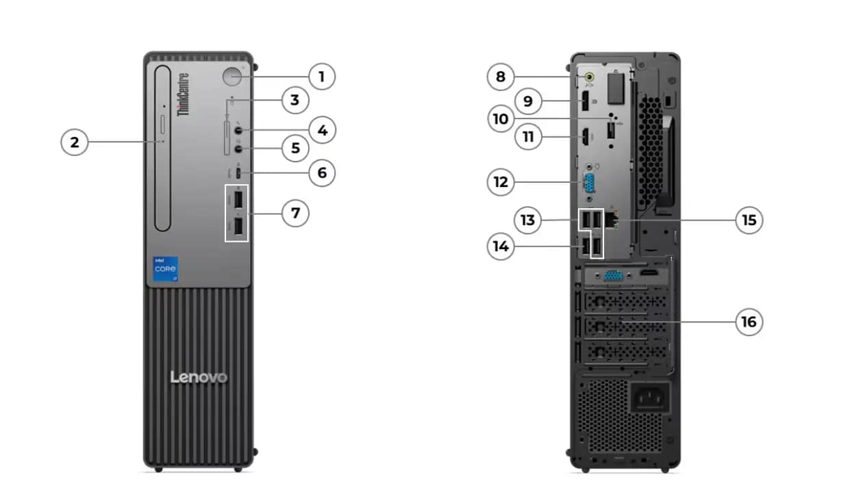 Lenovo ThinkCentre Neo 50s Gen 5 (Intel) SFF with multiple ports & optional expansion card slots for advanced connectivity.