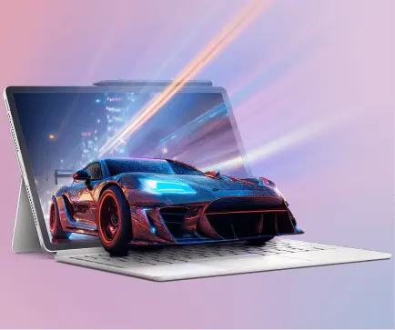 Purple to pale blue gradient background with a Lenovo tablet in laptop mode in the foreground with a racecar exploding from the screen.