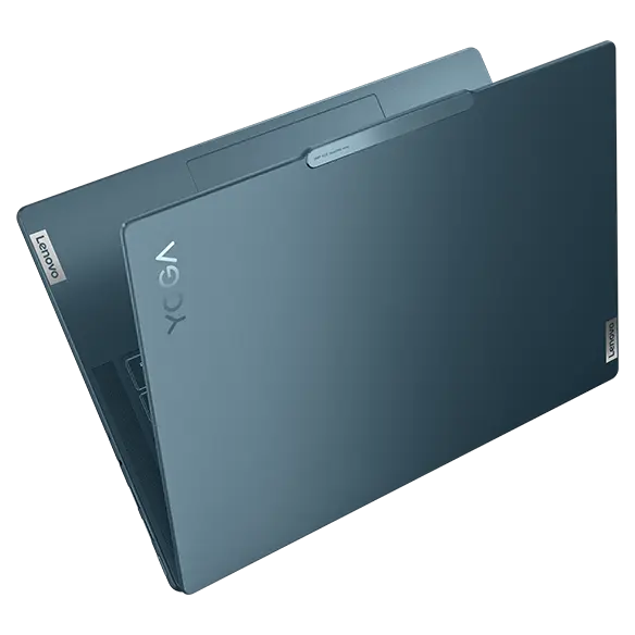 The top cover of a Tidal Teal Lenovo Yoga Pro 9i Gen 8 (14 Intel), slightly opened