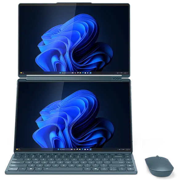 Front view of the Yoga Book 9i Gen 10 showing two displays, the keyboard, and a mouse.