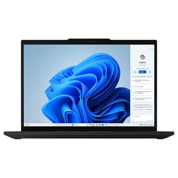 Close-up, front view of Lenovo ThinkPad T14 Gen 5 (14” AMD) Eclipse Black laptop with lid opened at 90 degrees, focusing its display with Windows Copilot menu opened on the right of screen.