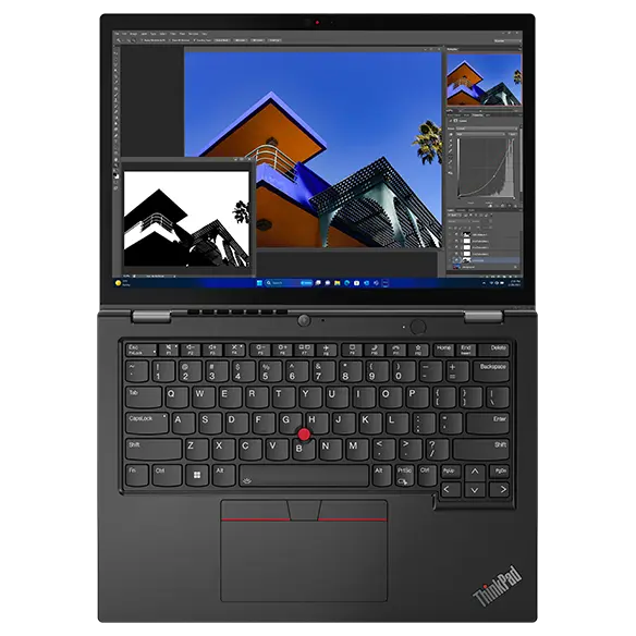 Front facing ThinkPad L13 2-in-1 Gen 5 laptop, showing keyboard and display with designing screen.