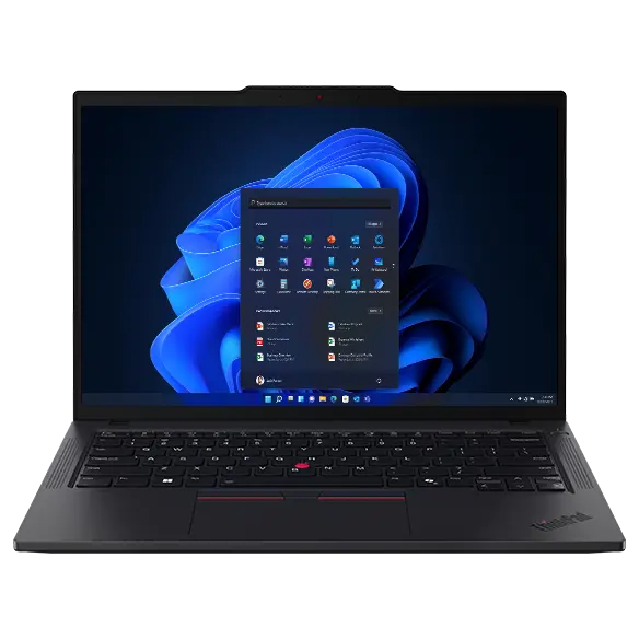 Far-off view of Lenovo ThinkPad T14 Gen 5 (14” AMD) Eclipse Black laptop opened at 90 degrees, focusing its keyboard & display with Windows Copilot menu opened on the right of screen.