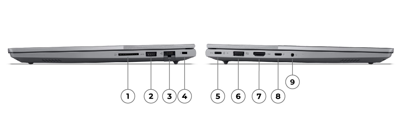 Aperçu des côtés droit et gauche de l’ordinateur portable Lenovo ThinkBook 14 Gen 8 (14 pouces Intel) avec ses ports étiquetés respectivement de 1 à 4 et de 5 à 9.