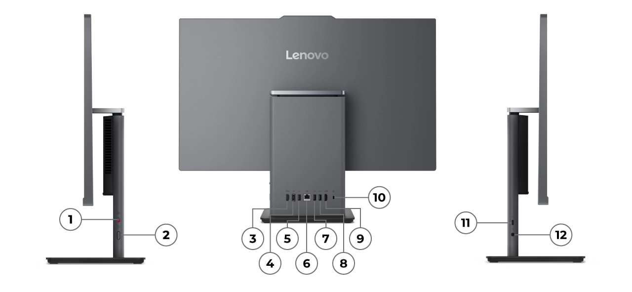 PC desktop all-in-one Lenovo ThinkCentre Neo 50a Gen 5 de 27" &ndash; &icirc;ncep&acirc;nd cu vederea din partea dreaptă cu porturi numerotate, urmată de vederea din spate cu porturi numerotate și termin&acirc;nd cu vederea din partea st&acirc;ngă cu porturi numerotate