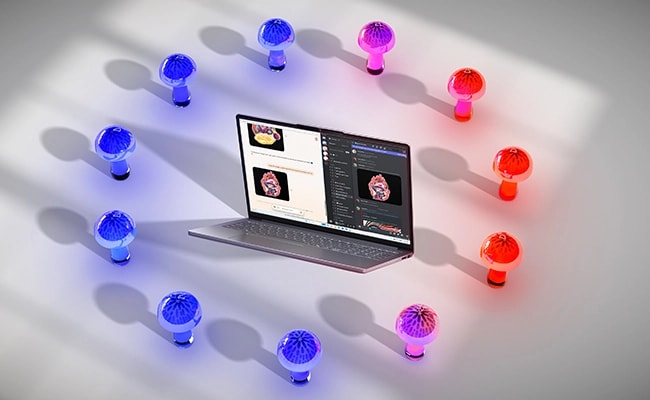在創意設置中，彩色 LED 燈環繞著筆電；Lenovo IdeaPad Slim 3i Gen 10。