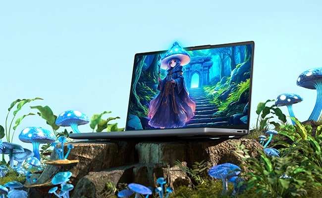 動畫角色位於鮮豔的蘑菇和綠色植物中，顯示奇幻藝術作品 Lenovo IdeaPad Slim 3i Gen 10