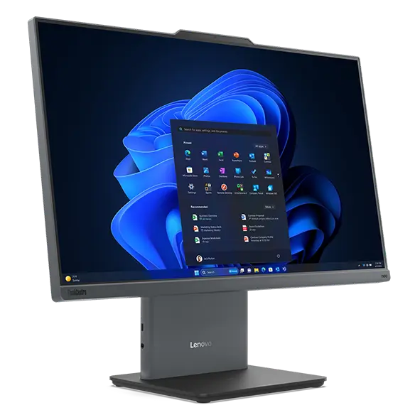 Lenovo ThinkCentre Neo 50a Gen 5 24" Intel monitor – close-up, front view facing left, showing Windows menu against blue graphic background