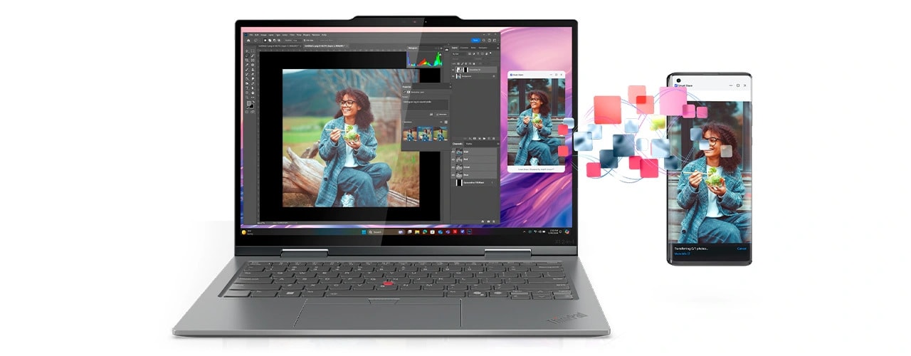 Smart Share lets you just tap your phone to connect to the Lenovo ThinkPad X1 2 in 1 Gen 10 Aura Edition laptop, then share files, edit & even send text messages from your PC.

