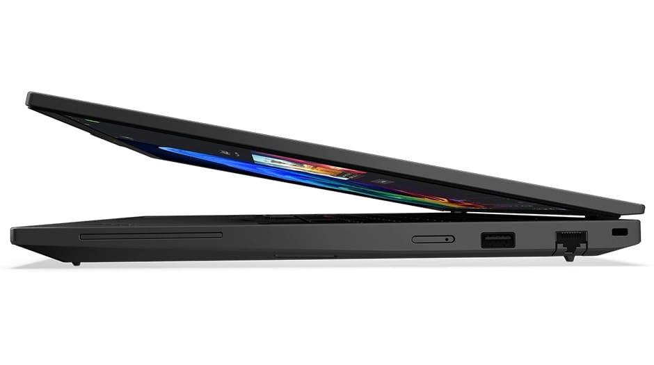 Lenovo ThinkPad T16 Gen 4 (16" Intel) laptop – right profile, lid slightly open with Copilot menu against multicolored Windows Bloom background on the display 