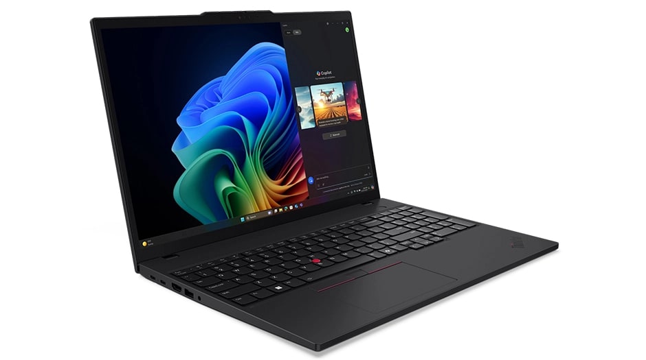 Lenovo ThinkPad T16 Gen 4 (16" Intel) laptop – left-front view, lid open with Copilot menu against multicolored Windows Bloom background on the display 