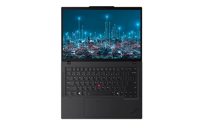 Overhead shot of Lenovo ThinkPad P14s Gen 6 (14” AMD) laptop opened 180 degrees, boasting its flexible design & features, ideal for handling demanding tasks.