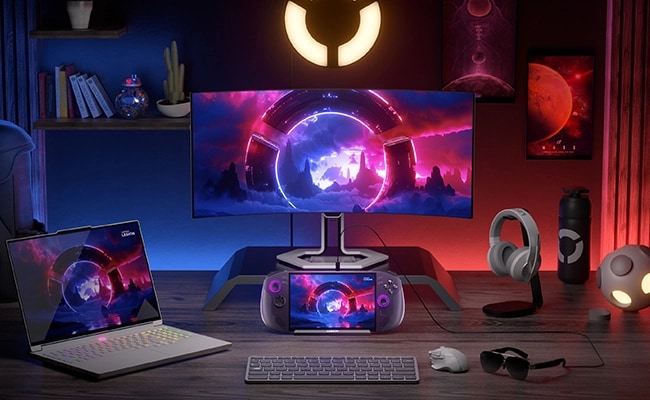 A Legion Go S Powered by SteamOS on a table surrounded by other Legion products that interface with the Legion Ecosystem.