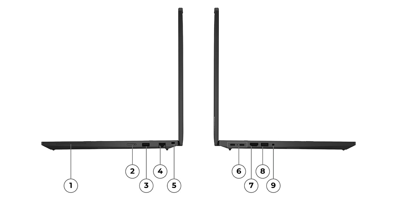 The Lenovo ThinkPad T16 Gen 4 laptop boasts a security slot, ethernet, USB-A, optional smart card reader & nano SIM on the right side, while the left includes 2 Thunderbolt ports, an HDMI, USB-A & an audio jack.