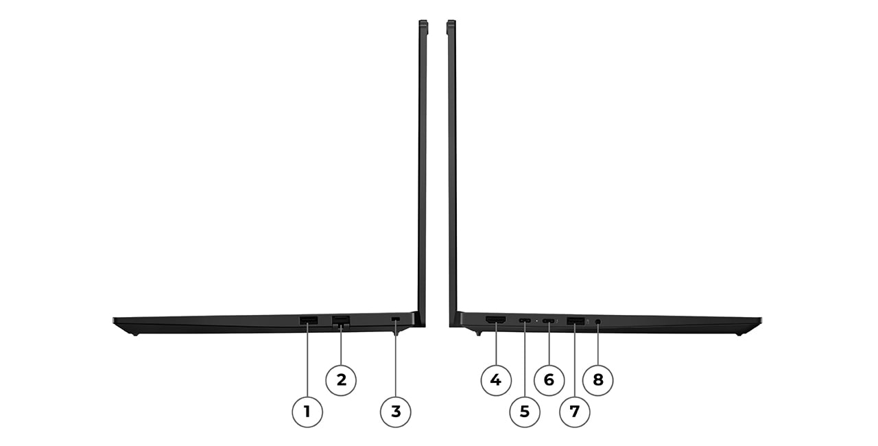 Right & left side view of Lenovo ThinkPad E14 Gen 7 (14” Intel) laptop with ports labelled from 1 to 3 & 4 to 8 respectively.