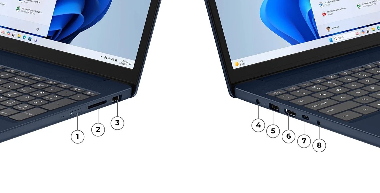 Ports & slots labelled on the Lenovo IdeaPad Slim 3i Gen 10 laptop numbered 1 – 8.