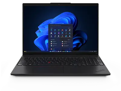Lenovo ThinkPad L16 Gen 2 (16" Intel) laptop – front view, lid open, with Windows 11 menu in front of Windows bloom background on the display