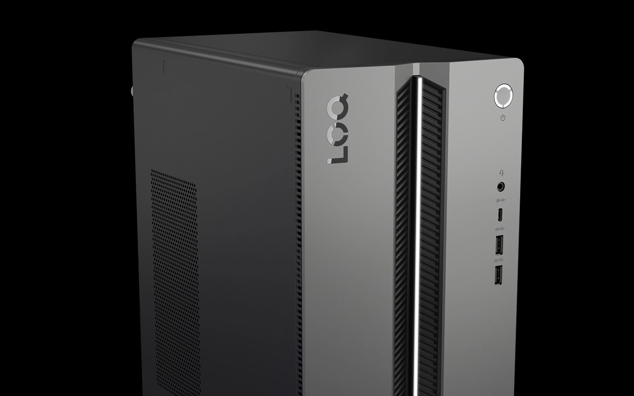 מחשב נייח LOQ Tower 17IAX10 91AY001QYS מבית Lenovo Bold dual-tone chassis with angled front design and light bar on the Lenovo LOQ Tower 17IAX10 desktop.