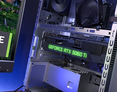 מחשב נייח LOQ Tower 17IAX10 91AY001QYS מבית Lenovo Internal GPU slot with advanced cooling shows powerful graphics capabilities in the Lenovo LOQ Tower 17IAX10 desktop.