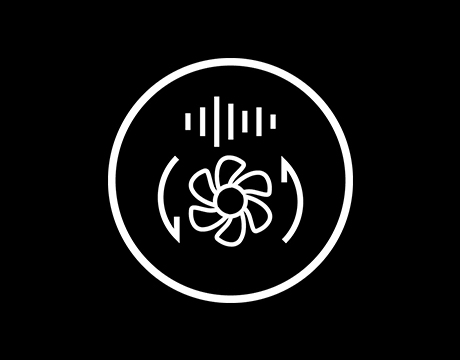 White fan icon with airflow and tuning bars inside a circle on black background.